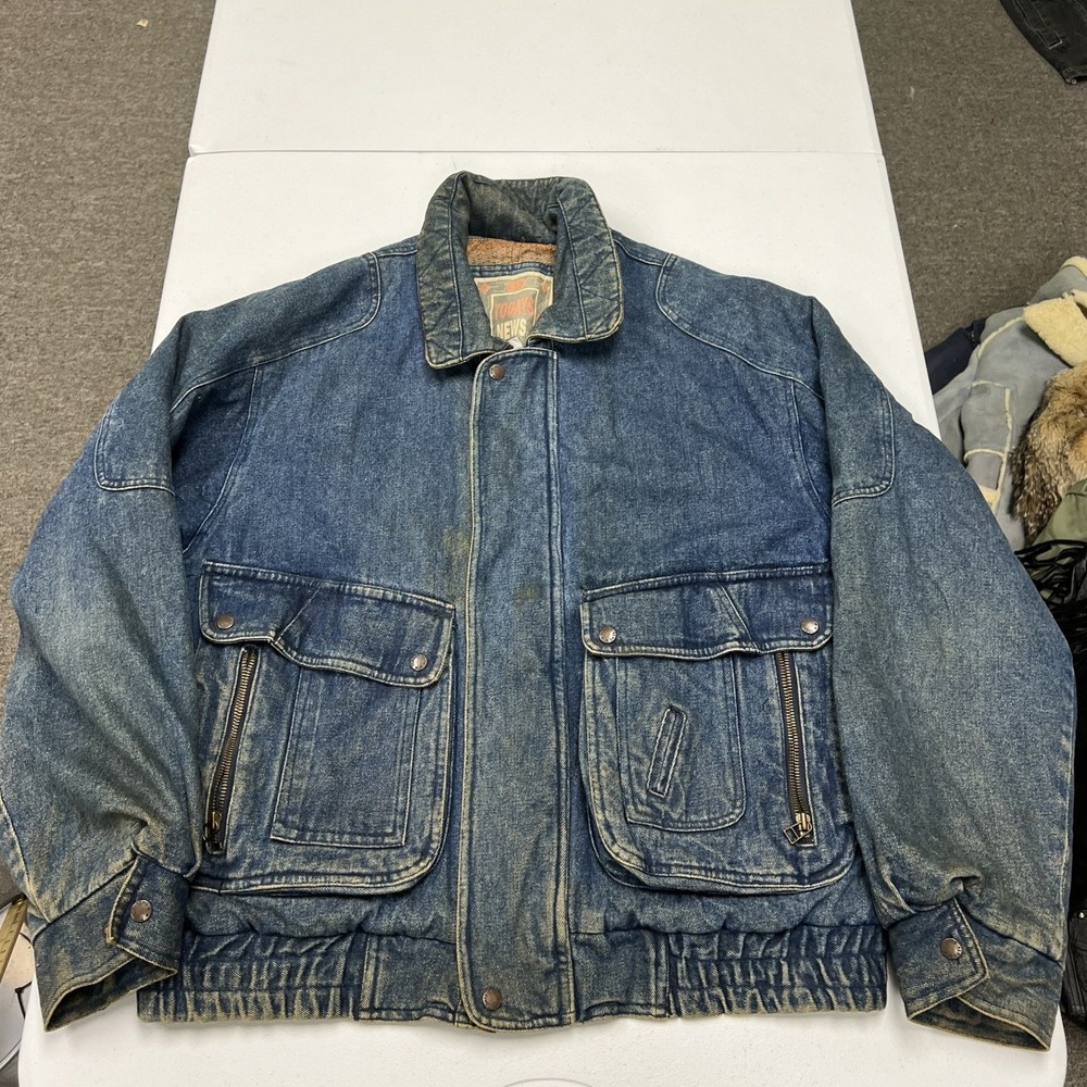 Todays News Denim Bomber Jacket Mens Large Blue Vintage Tribal Lined Distressed